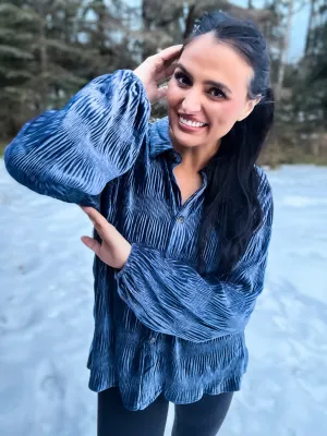 Jewel Crushed Velour Button Down Shirt- Dusty Blue