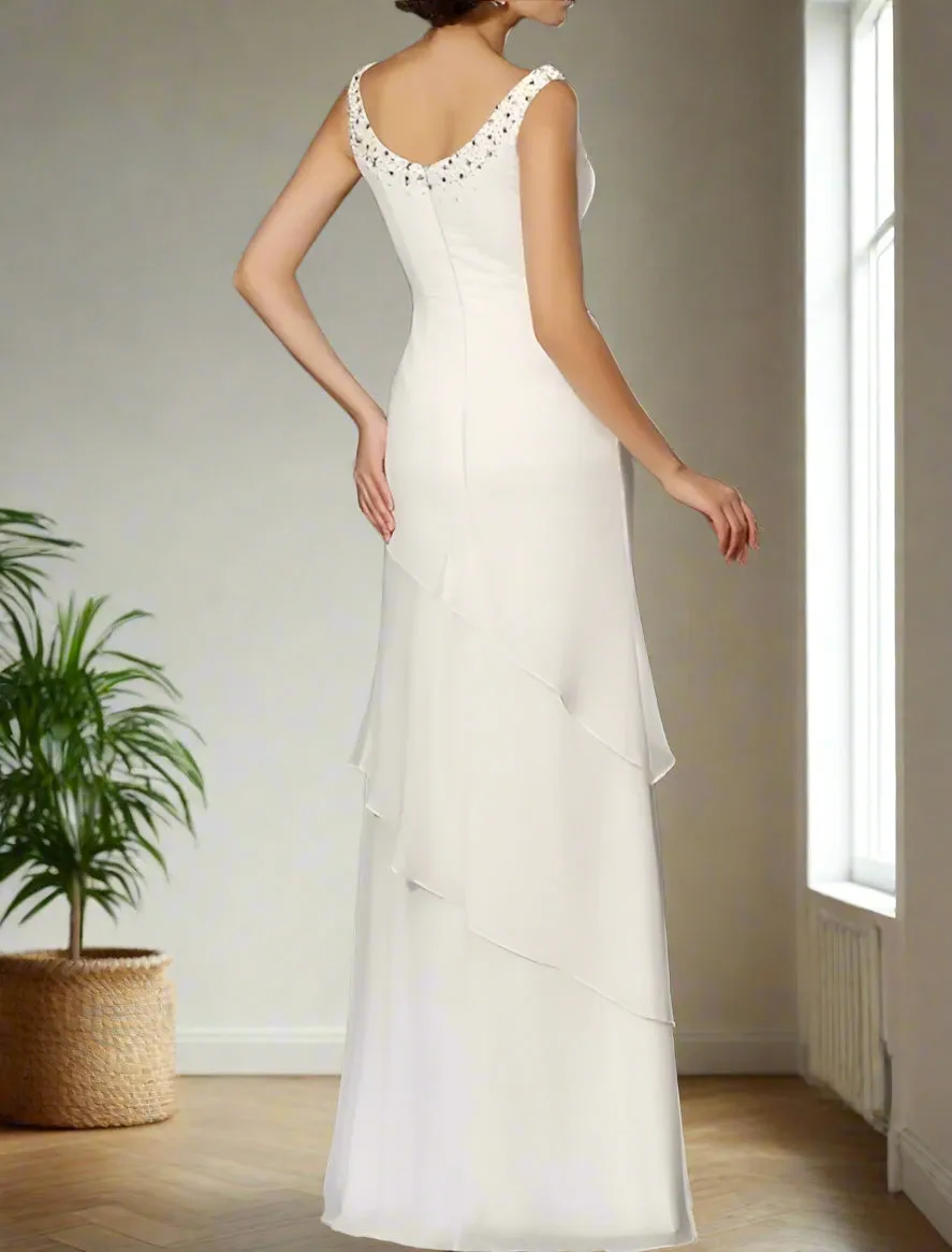 Jewel Neck Floor Length Chiffon Wedding Guest Dress with Beading