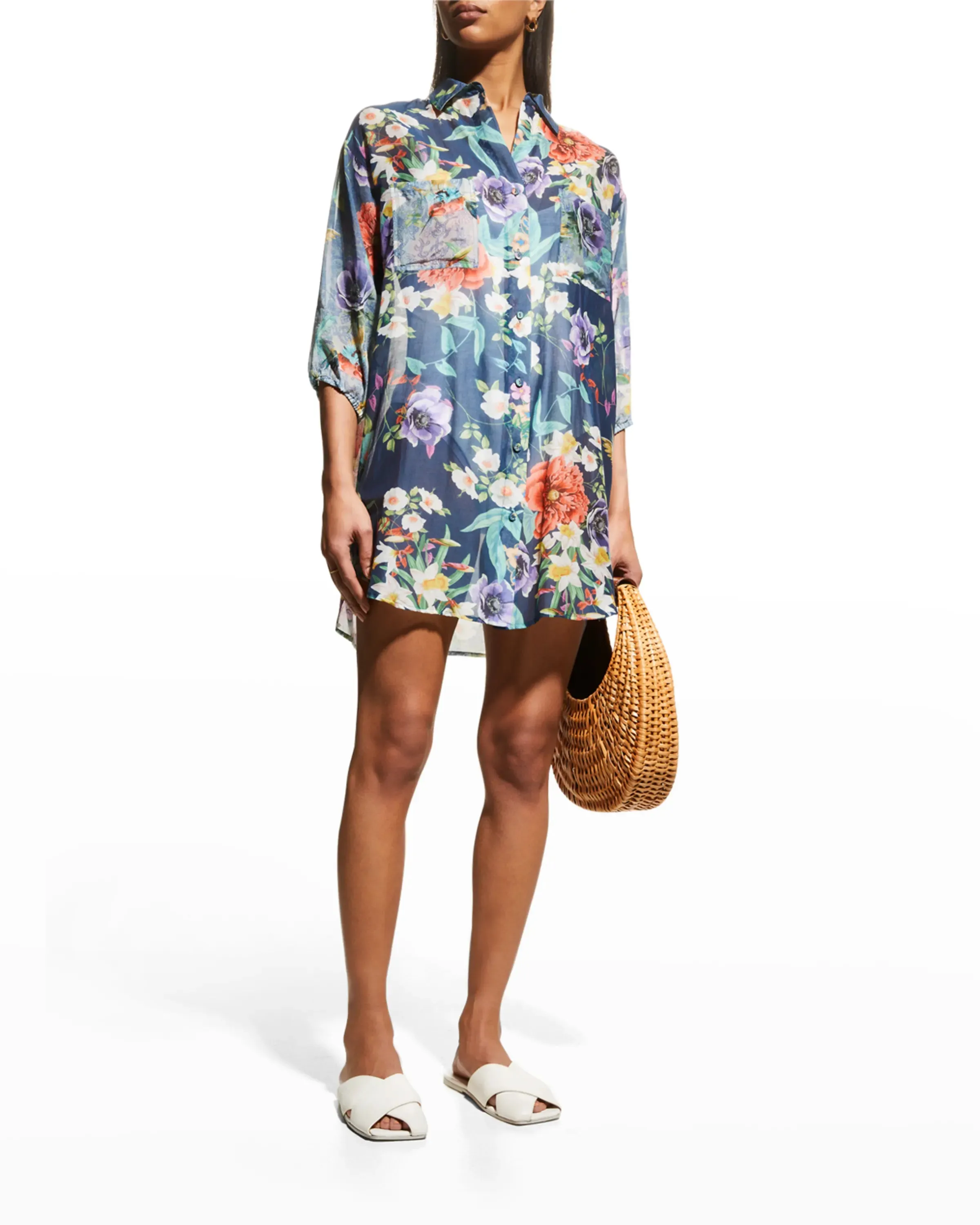Johnny Was Sunrise Blue Flower Swim Resort Cover Up Floral Paria Shirt Dress XXL NEW