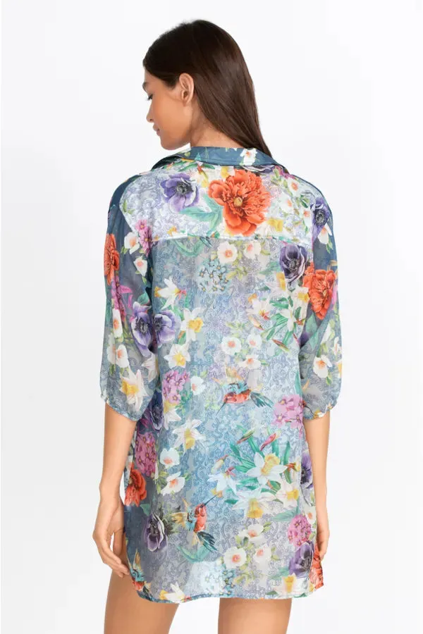 Johnny Was Sunrise Blue Flower Swim Resort Cover Up Floral Paria Shirt Dress XXL NEW