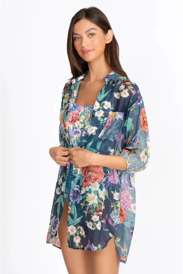 Johnny Was Sunrise Blue Flower Swim Resort Cover Up Floral Paria Shirt Dress XXL NEW