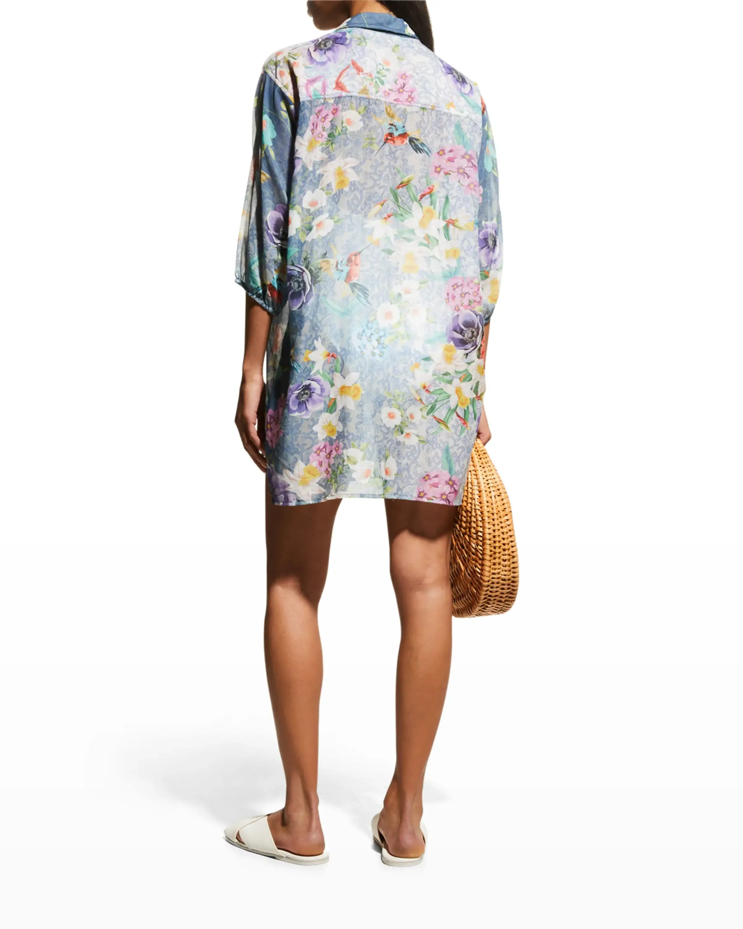 Johnny Was Sunrise Blue Flower Swim Resort Cover Up Floral Paria Shirt Dress XXL NEW