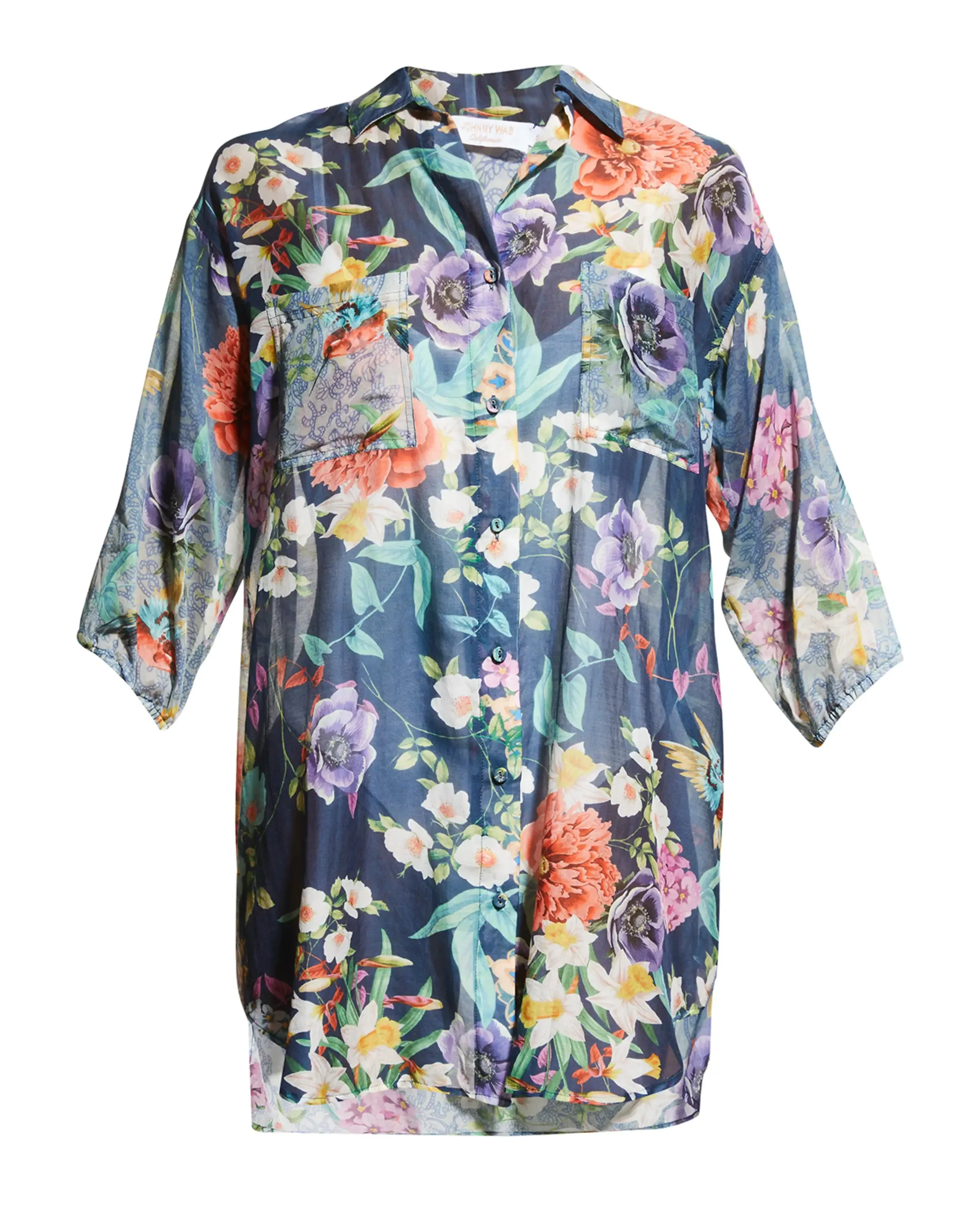 Johnny Was Sunrise Blue Flower Swim Resort Cover Up Floral Paria Shirt Dress XXL NEW