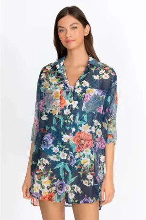 Johnny Was Sunrise Blue Flower Swim Resort Cover Up Floral Paria Shirt Dress XXL NEW