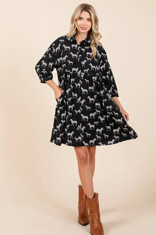 Keep It Wild Black Button Down Shirt Mini Dress