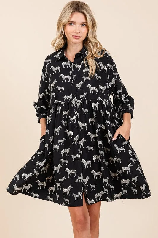 Keep It Wild Black Button Down Shirt Mini Dress