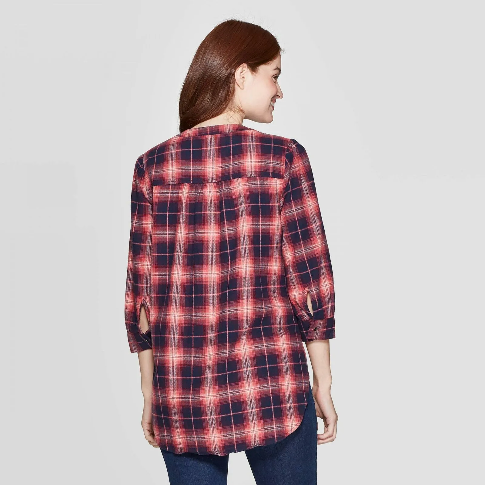 Knox Rose Women's Plaid 3/4 Sleeve V-Neck Button Down Shirt With Seaming