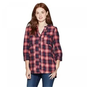 Knox Rose Women's Plaid 3/4 Sleeve V-Neck Button Down Shirt With Seaming