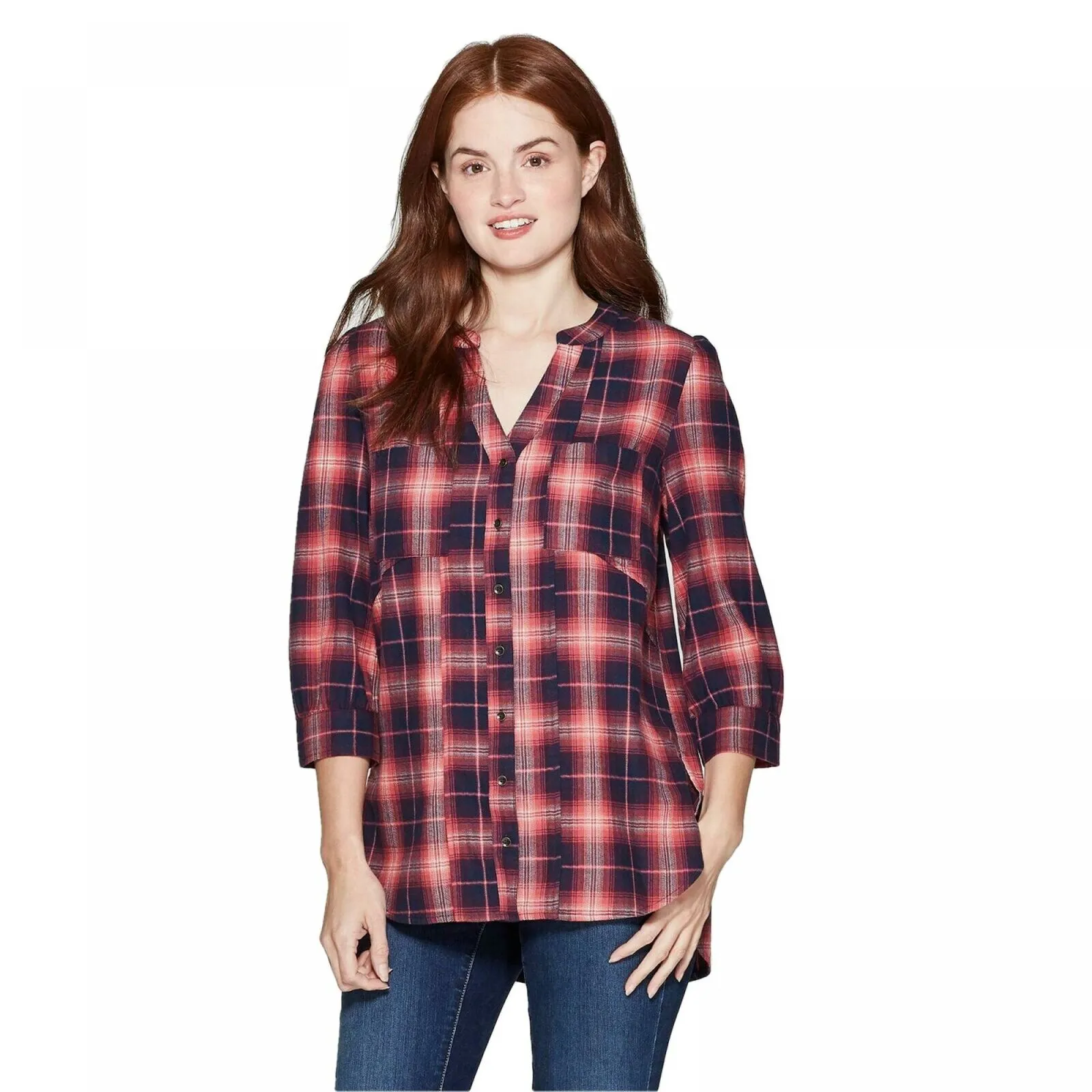 Knox Rose Women's Plaid 3/4 Sleeve V-Neck Button Down Shirt With Seaming