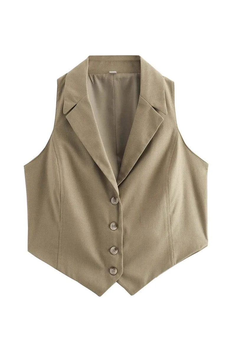 Lapel Strappy Back Tie Crop Vest In Brown Olive