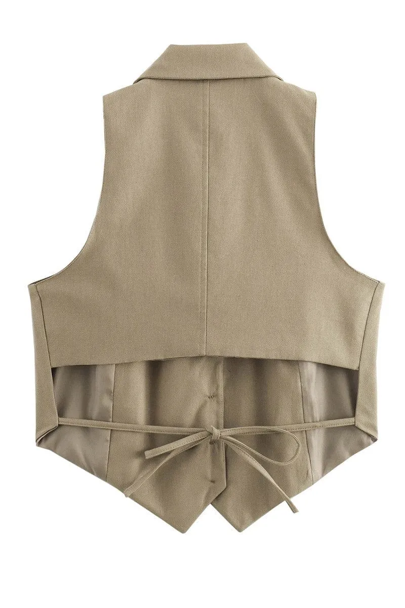 Lapel Strappy Back Tie Crop Vest In Brown Olive