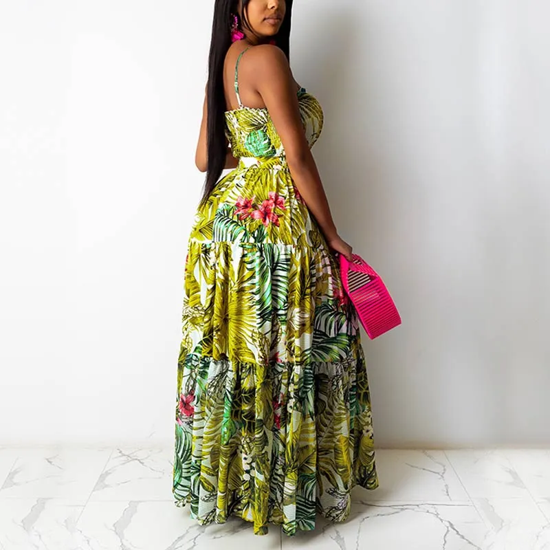 Leaf Pattern Sleeveless Pleated Maxi Dress