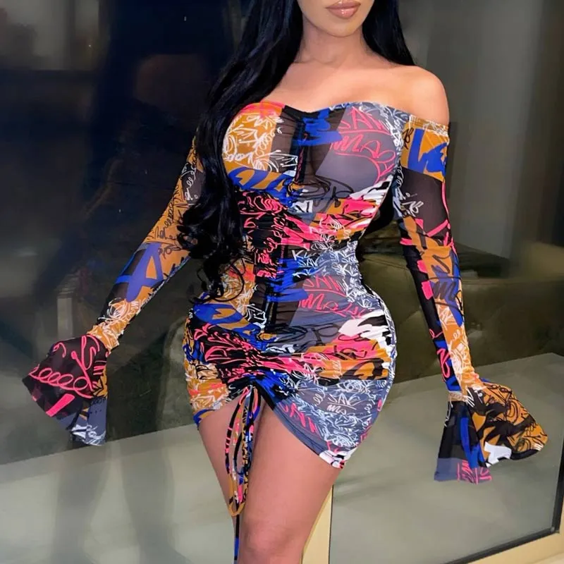 Letter Print Off Shoulder Flared Sleeve Drawstring Bodycon Dress