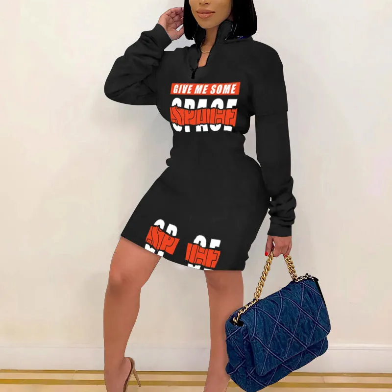 Letter Print Zipper Design Bodycon Dress