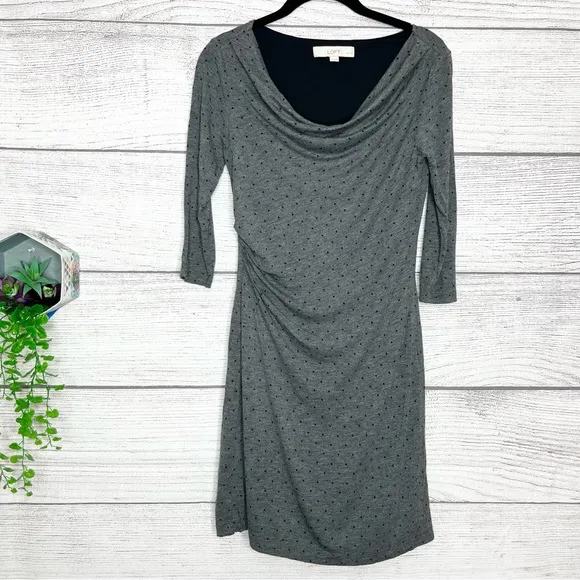 LOFT Gray &amp; Black Polka Dot 3/4 Sleeve Cowl Neck Ruched Dress Size Small Petite