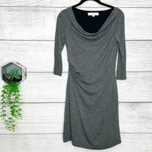 LOFT Gray &amp; Black Polka Dot 3/4 Sleeve Cowl Neck Ruched Dress Size Small Petite