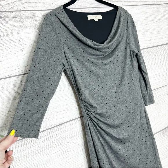 LOFT Gray &amp; Black Polka Dot 3/4 Sleeve Cowl Neck Ruched Dress Size Small Petite