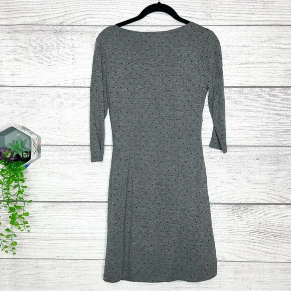 LOFT Gray &amp; Black Polka Dot 3/4 Sleeve Cowl Neck Ruched Dress Size Small Petite
