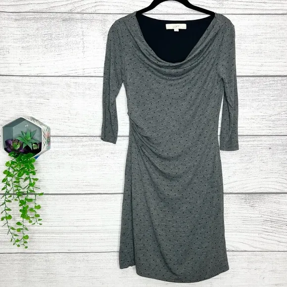 LOFT Gray &amp; Black Polka Dot 3/4 Sleeve Cowl Neck Ruched Dress Size Small Petite