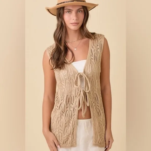 Long Crochet Knitted Vest with Front Ties - Main Strip