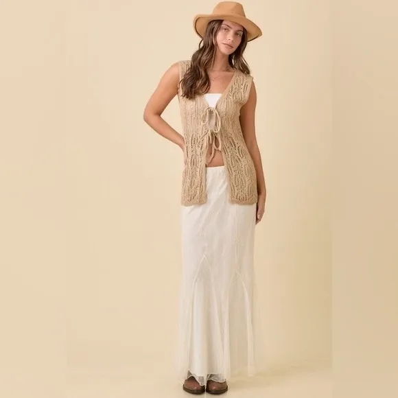 Long Crochet Knitted Vest with Front Ties - Main Strip