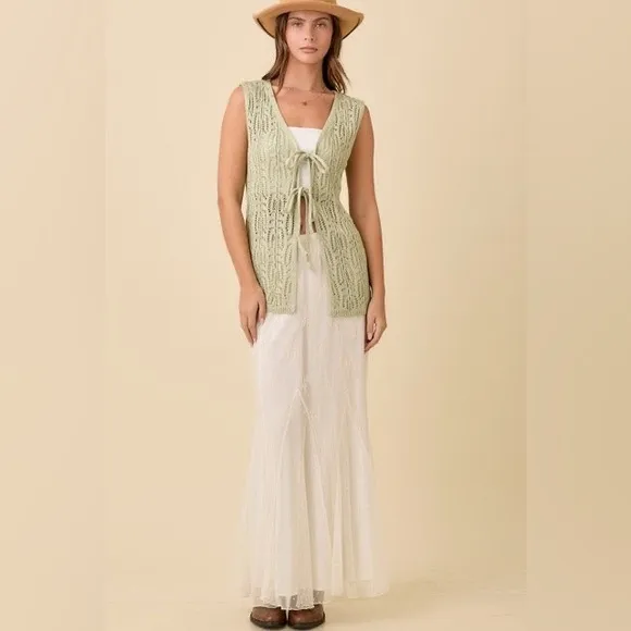 Long Crochet Knitted Vest with Front Ties - Main Strip