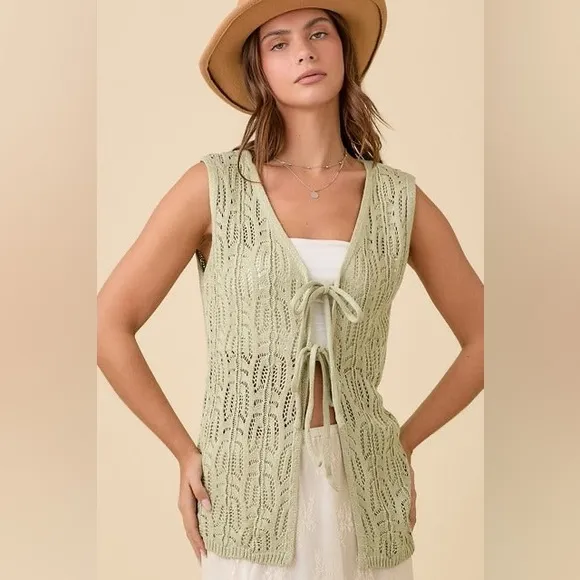 Long Crochet Knitted Vest with Front Ties - Main Strip