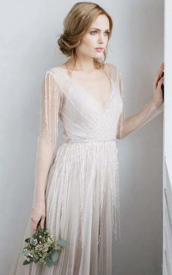 Long Sleeve V-Neck Illusion Tulle Weddig Dress With Beading-711693