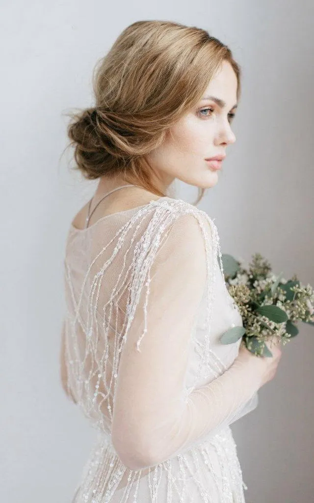Long Sleeve V-Neck Illusion Tulle Weddig Dress With Beading-711693
