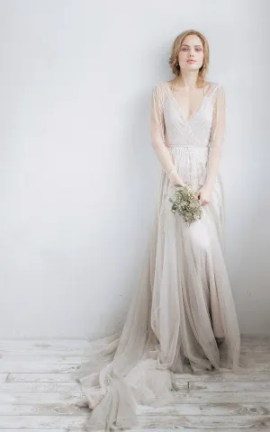 Long Sleeve V-Neck Illusion Tulle Weddig Dress With Beading-711693