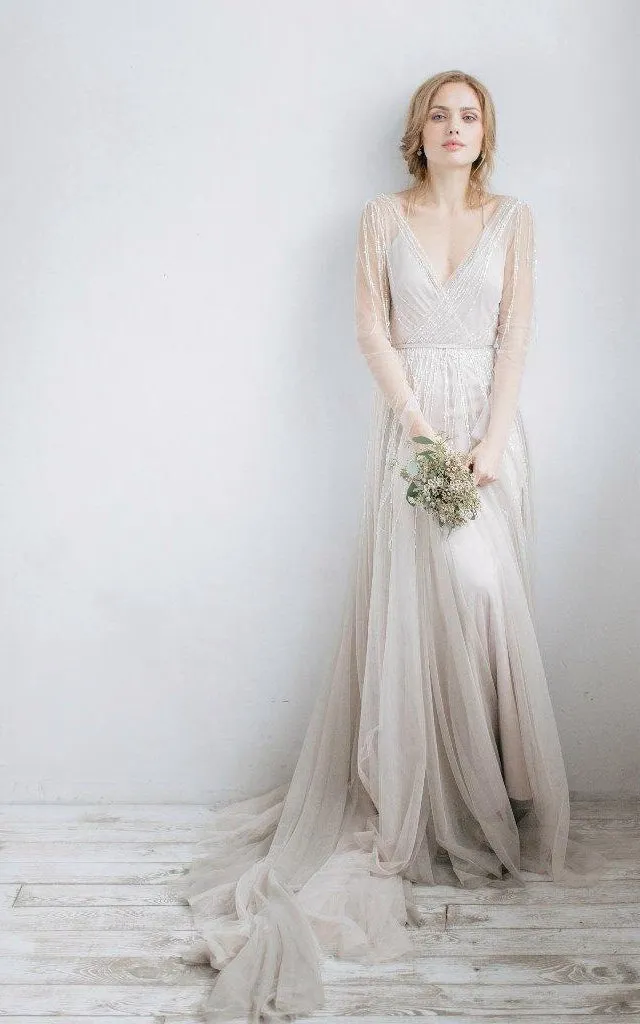 Long Sleeve V-Neck Illusion Tulle Weddig Dress With Beading-711693