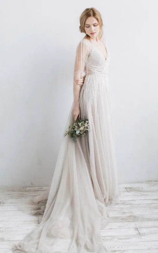Long Sleeve V-Neck Illusion Tulle Weddig Dress With Beading-711693