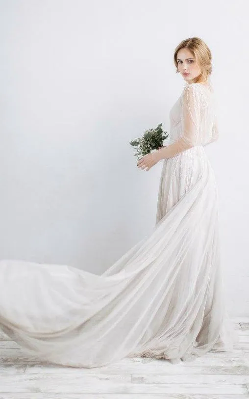Long Sleeve V-Neck Illusion Tulle Weddig Dress With Beading-711693