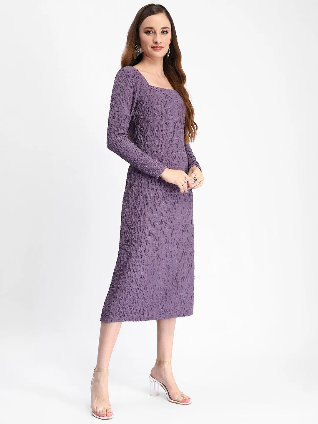 Madame Self Design Purple Midi Sheath Waffle Dress