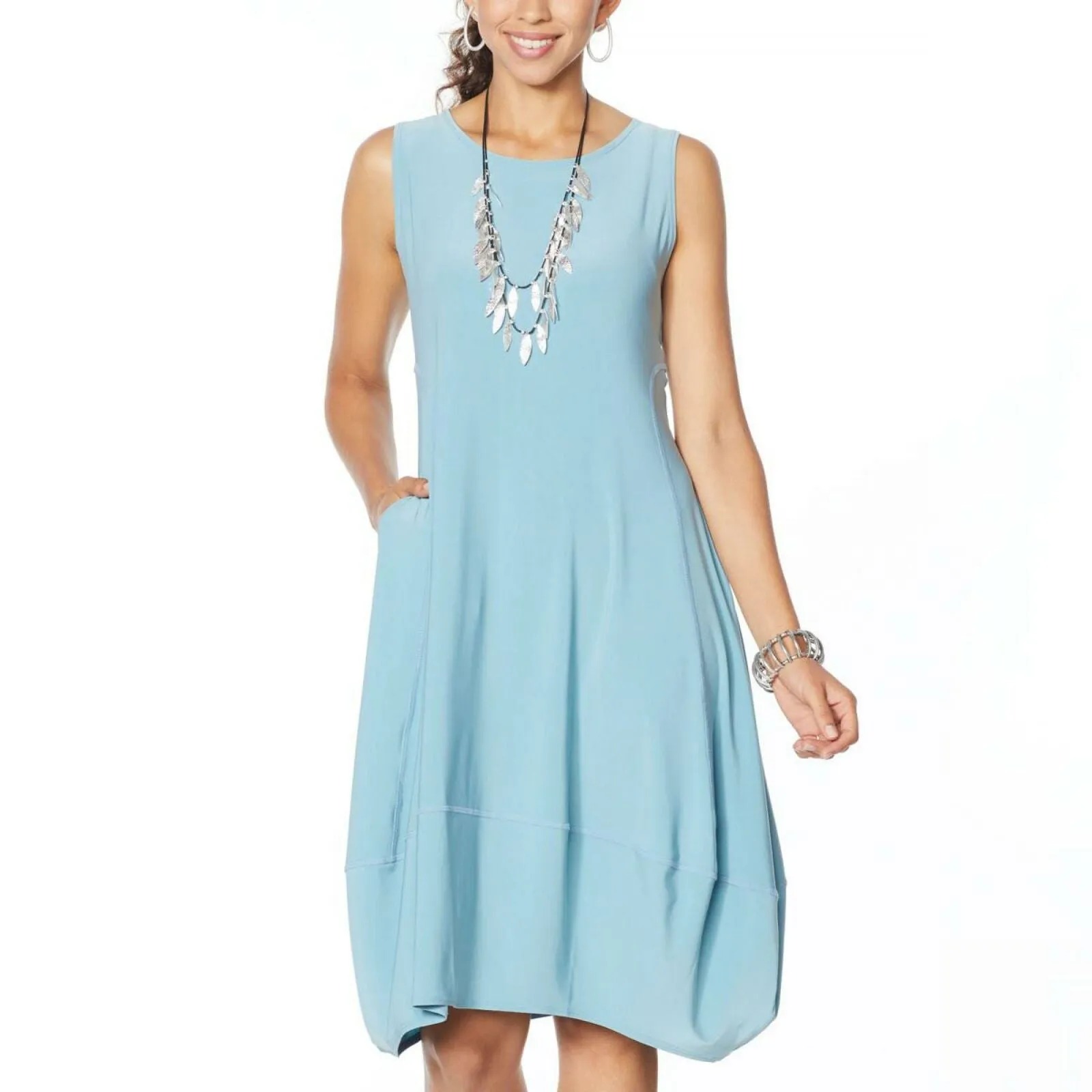 MarlaWynne Women's Matte Jersey Sleeveless Dress With Pockets Sea Blue Small