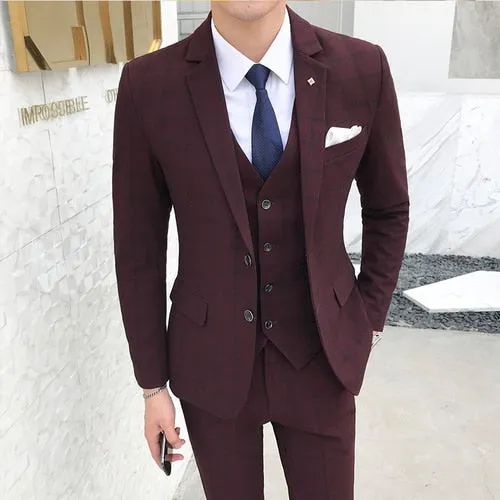 Men's 3 PC Plaid Fashion Suit Up To 5XL