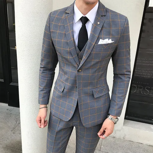 Men's 3 PC Plaid Fashion Suit Up To 5XL