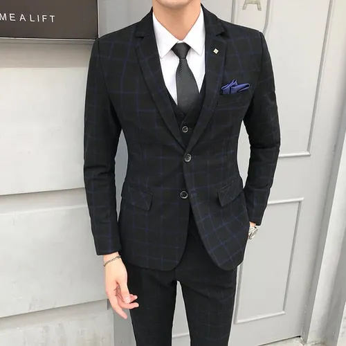 Men's 3 PC Plaid Fashion Suit Up To 5XL