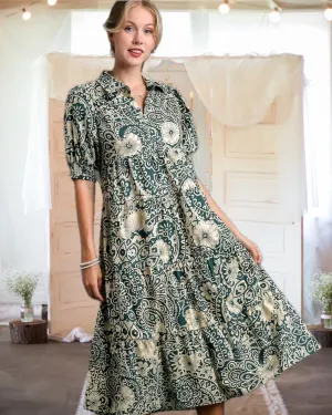 Moment in Time Mixed Print Puff Sleeve Tiered Midi Dress in Turquoise - Misses and Curvy