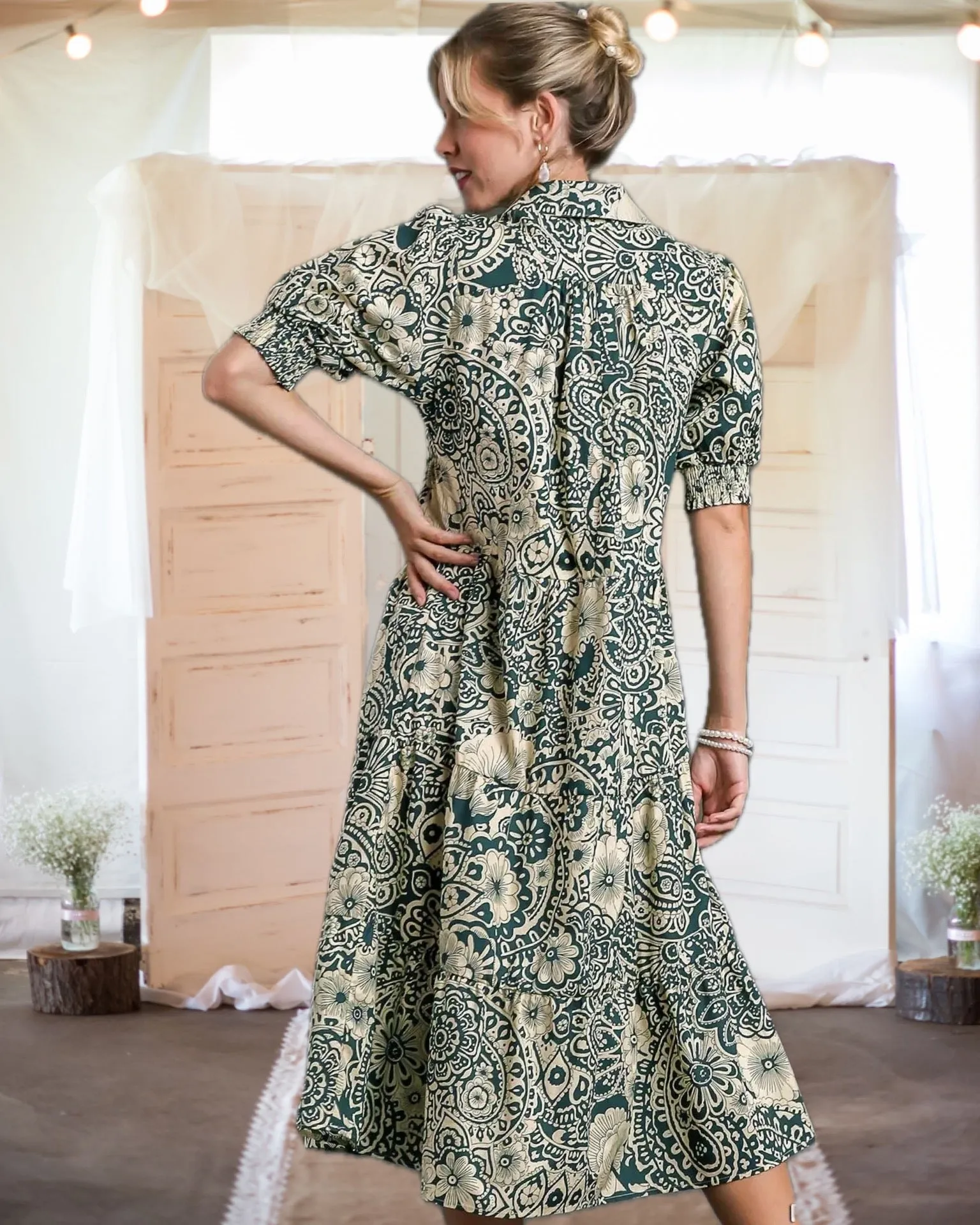 Moment in Time Mixed Print Puff Sleeve Tiered Midi Dress in Turquoise - Misses and Curvy