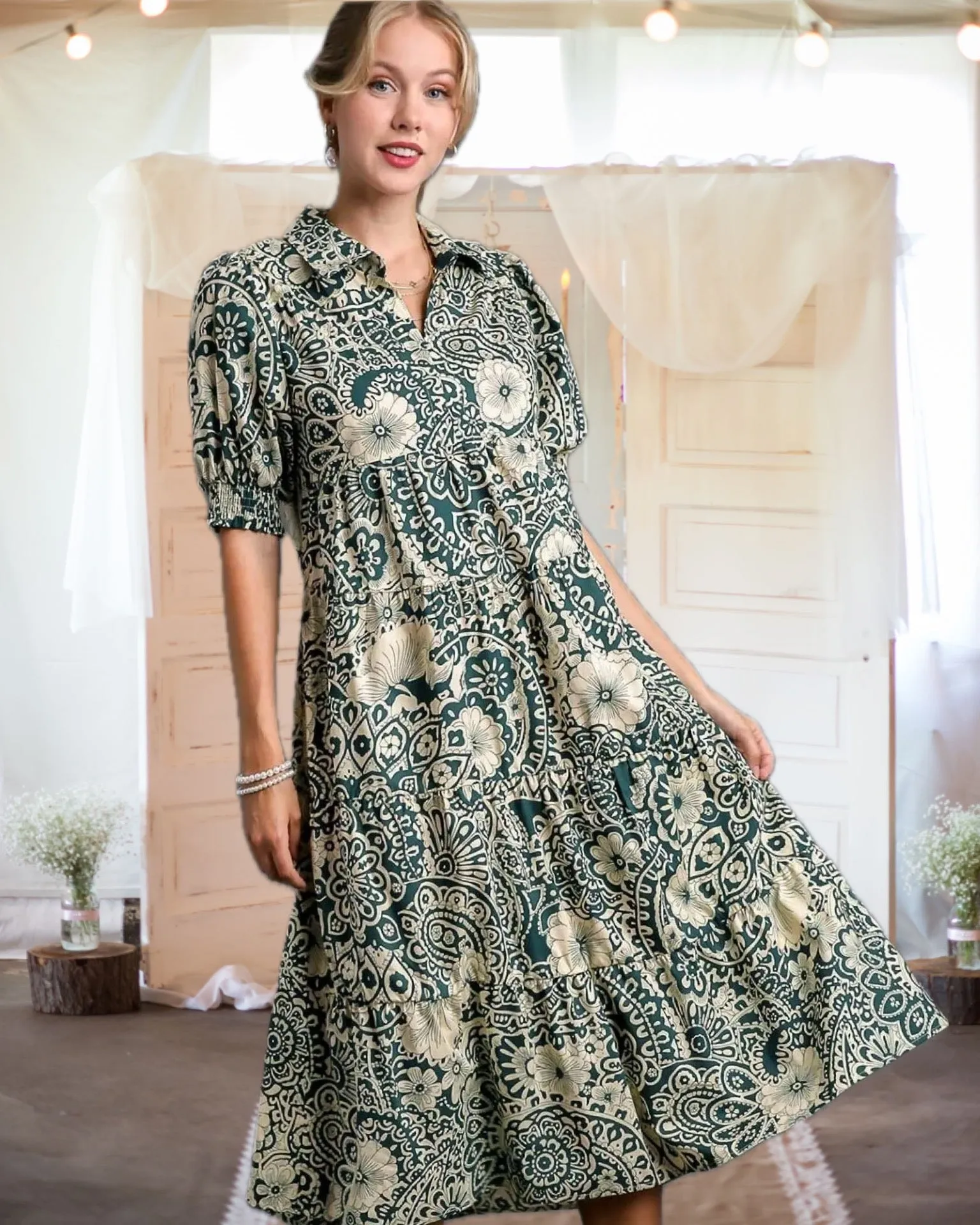 Moment in Time Mixed Print Puff Sleeve Tiered Midi Dress in Turquoise - Misses and Curvy