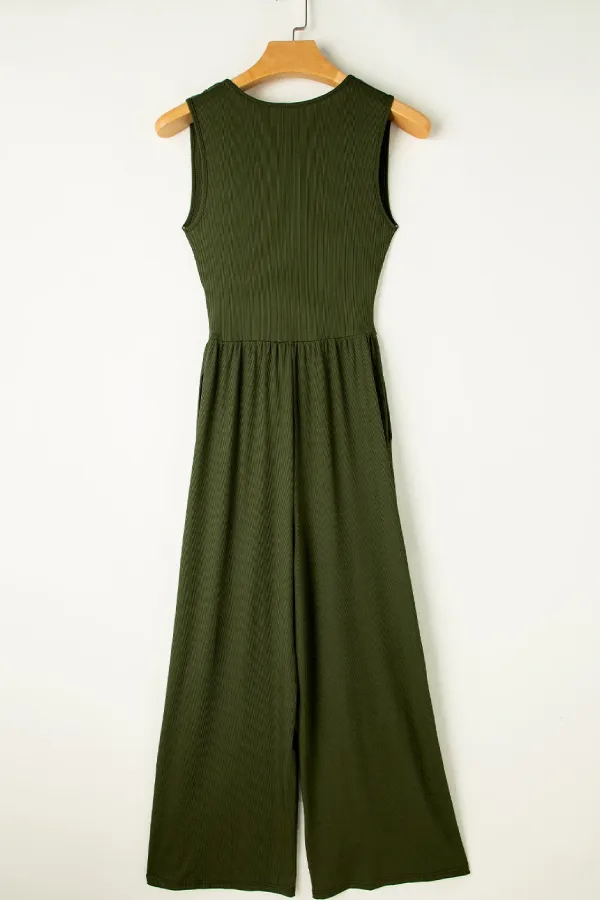 Moss Green Sleeveless V Neck Ruched Wide Leg Jumpsuit