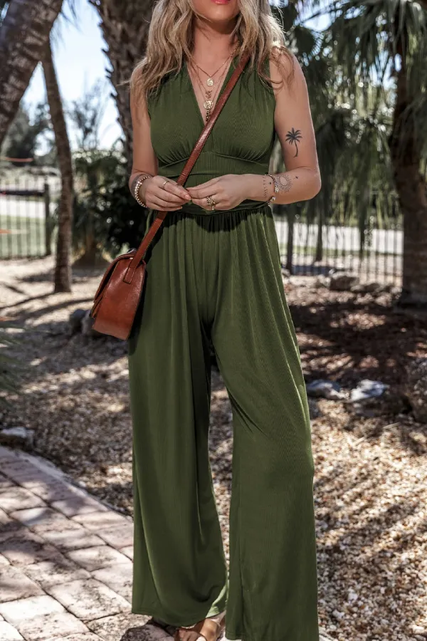 Moss Green Sleeveless V Neck Ruched Wide Leg Jumpsuit