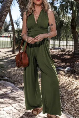 Moss Green Sleeveless V Neck Ruched Wide Leg Jumpsuit