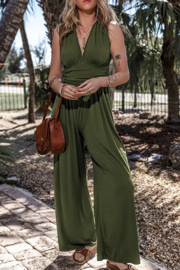 Moss Green Sleeveless V Neck Ruched Wide Leg Jumpsuit