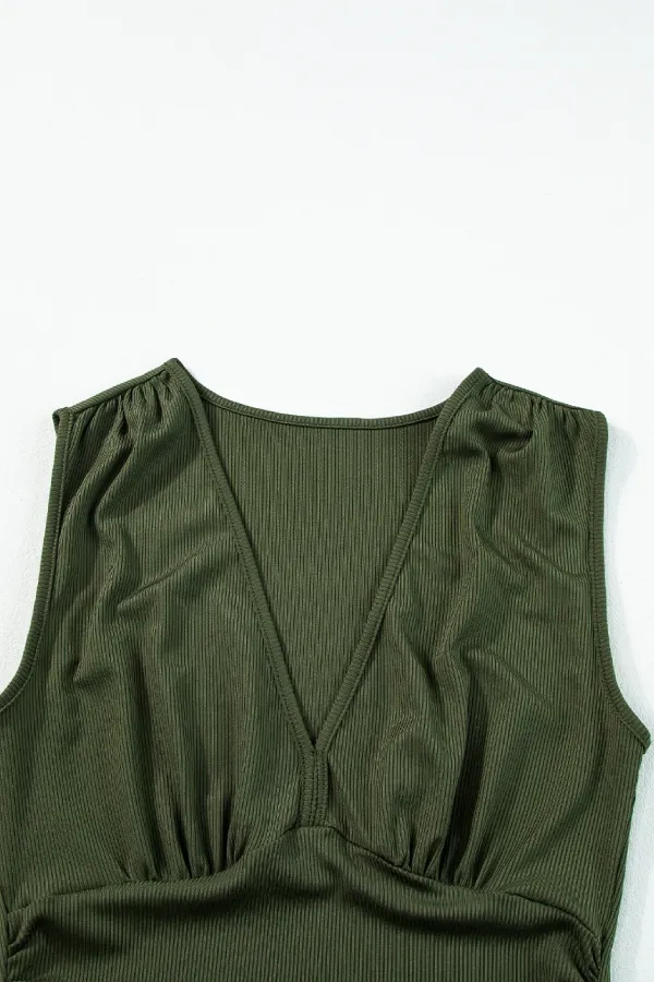 Moss Green Sleeveless V Neck Ruched Wide Leg Jumpsuit