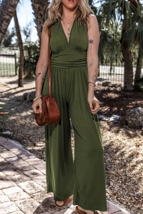 Moss Green Sleeveless V Neck Ruched Wide Leg Jumpsuit