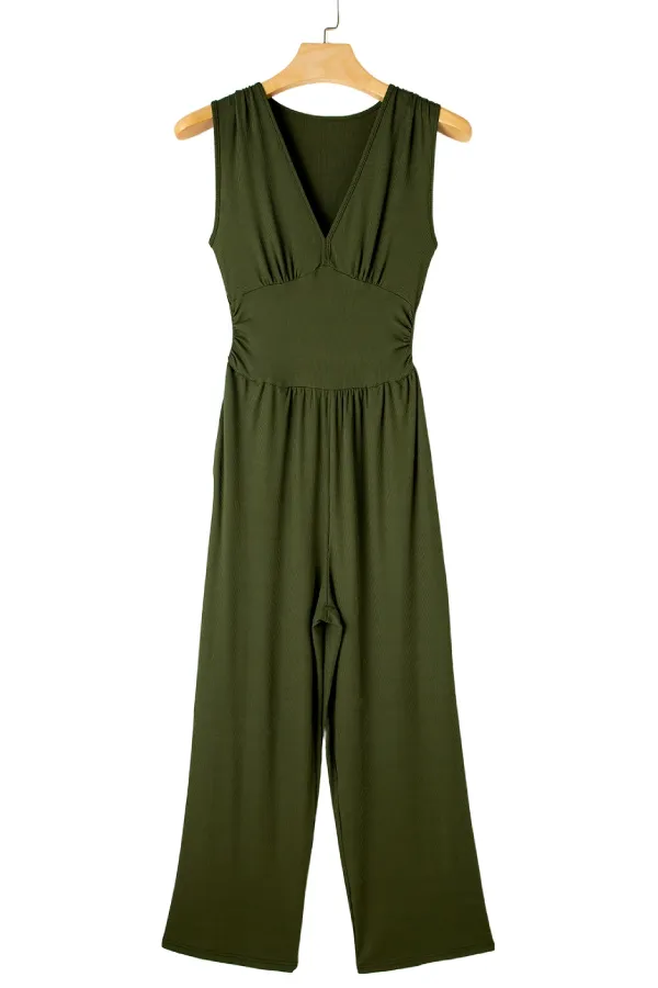 Moss Green Sleeveless V Neck Ruched Wide Leg Jumpsuit