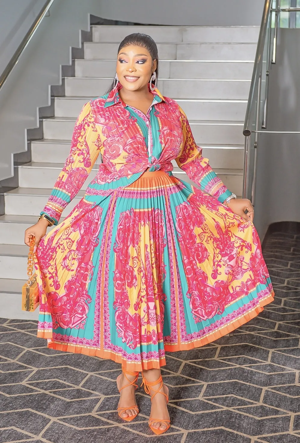 Naomi Pleats- Plisse Long Sleeve Collar Blouse and LONG Pleated Skirt Set (New)