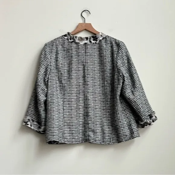 New Coldwater Creek 3/4 Sleeve Black White Tweed Jacket Chiffon Trim 16  Floral